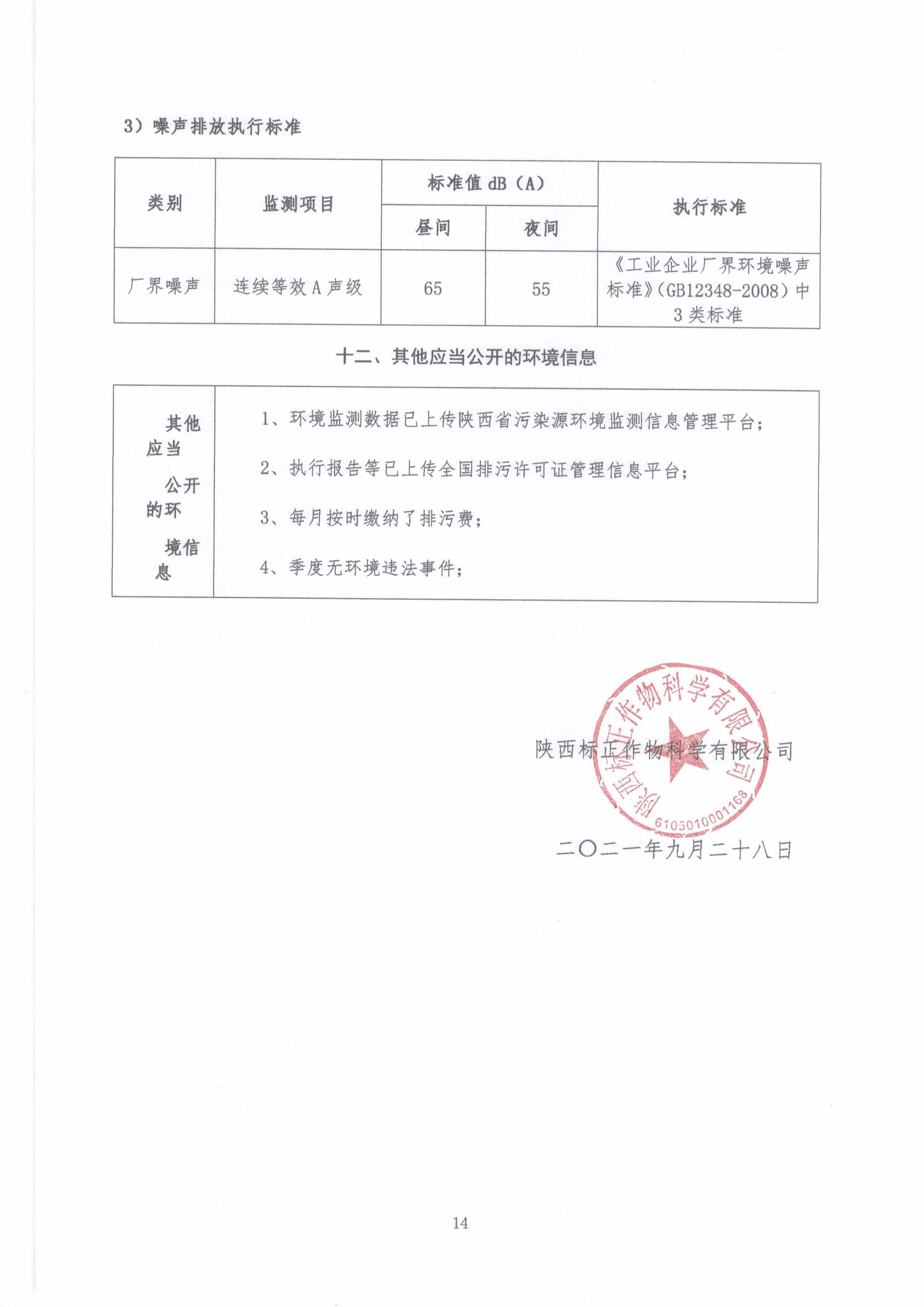 陕西标正作物科学有限公司 2021年第（3）季度环境信息公示